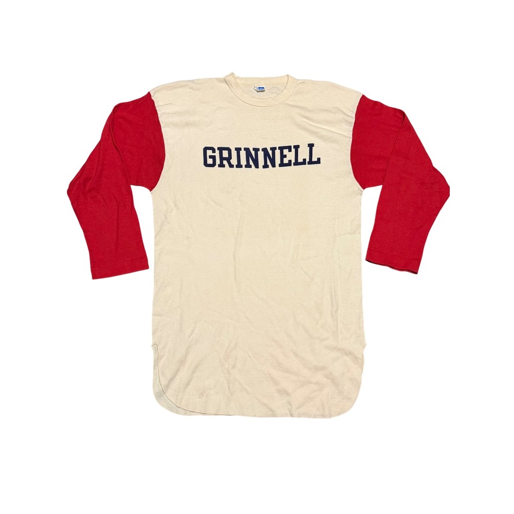 Vintage Champion Grinnell Baseball Shirt XL Red Cream Blue Bar Tag USA Made 80s